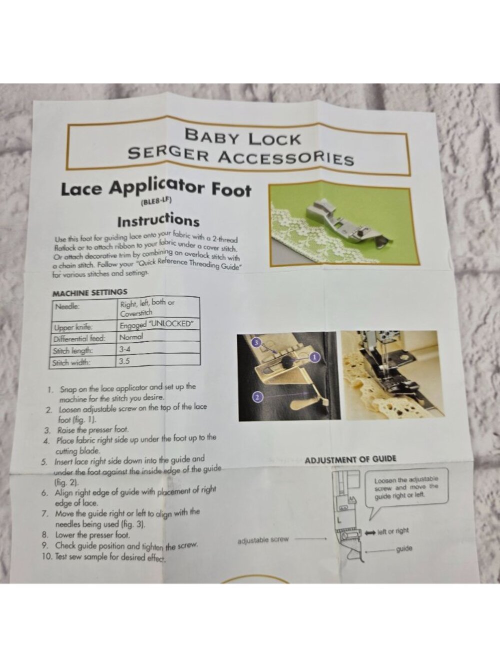 Baby Lock Lace Applicator Foot BLE8-LF accessory for Baby Lock Serger - Picture 4 of 4